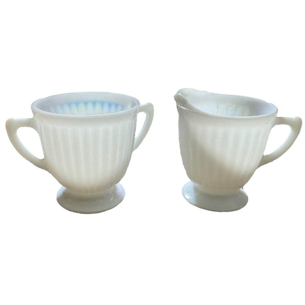 Macbeth Evans‎ Glass PETALWARE White Monax Footed Sugar Bowl Dish & Creamer Set